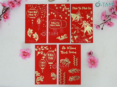 Xấp 6 bao lì xì đỏ ép kim nguyên tờ tiền số 05